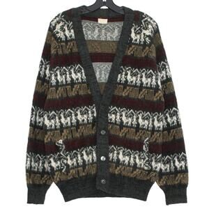 Vintage Handmade Wool Cardigan Sweater Southwestern Alpacas Grandpa Fair Isle L